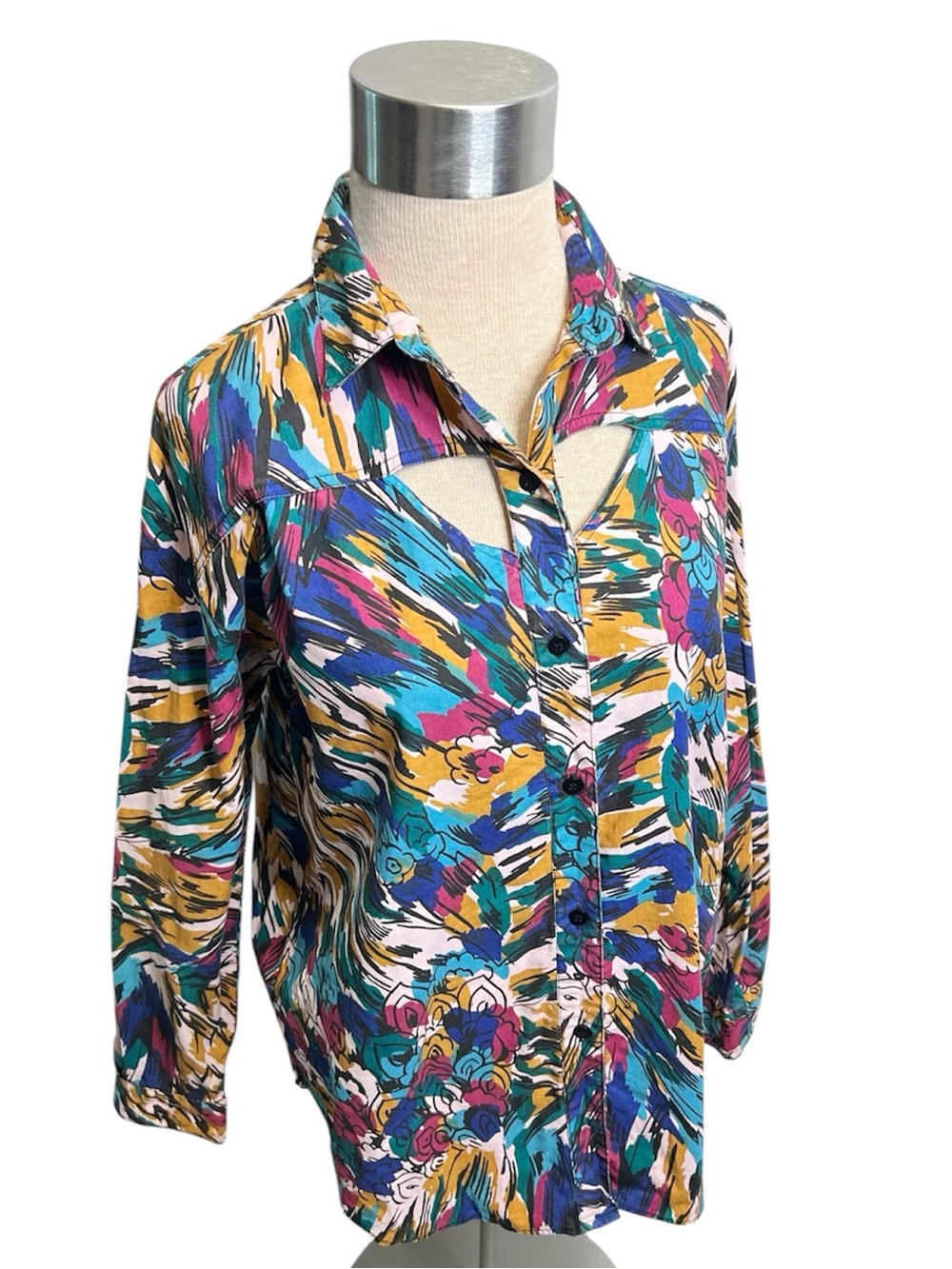 Vintage 90s Side Saddle Western Cut Out Colorful Button Down Top